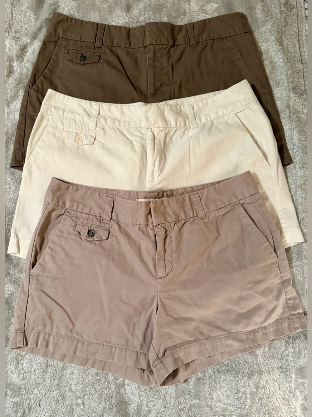 LOFT Women's Shorts Trio - Dark Brown, White & Taupe 3.5” inseam.